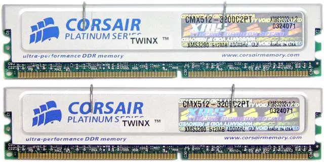 Main image of CORSAIR XMS 1GB (2 x 512MB) DDR 400 (PC 3200) Dual Channel Kit Desktop Memory Model TWINX1024-3200C2PT
