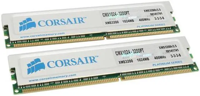 Main image of CORSAIR XMS 2GB (2 x 1GB) DDR 400 (PC 3200) Dual Channel Kit Desktop Memory Model TWINX2048-3200PT