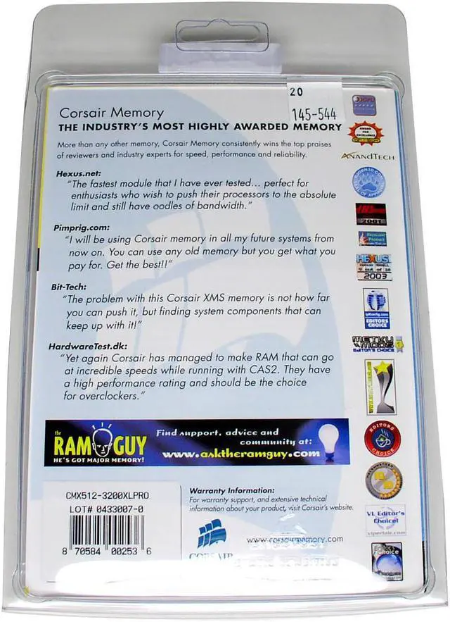 Alt view image 2 of 3 - CORSAIR XMS 512MB DDR 400 (PC 3200) Desktop Memory Model CMX512-3200XLPRO