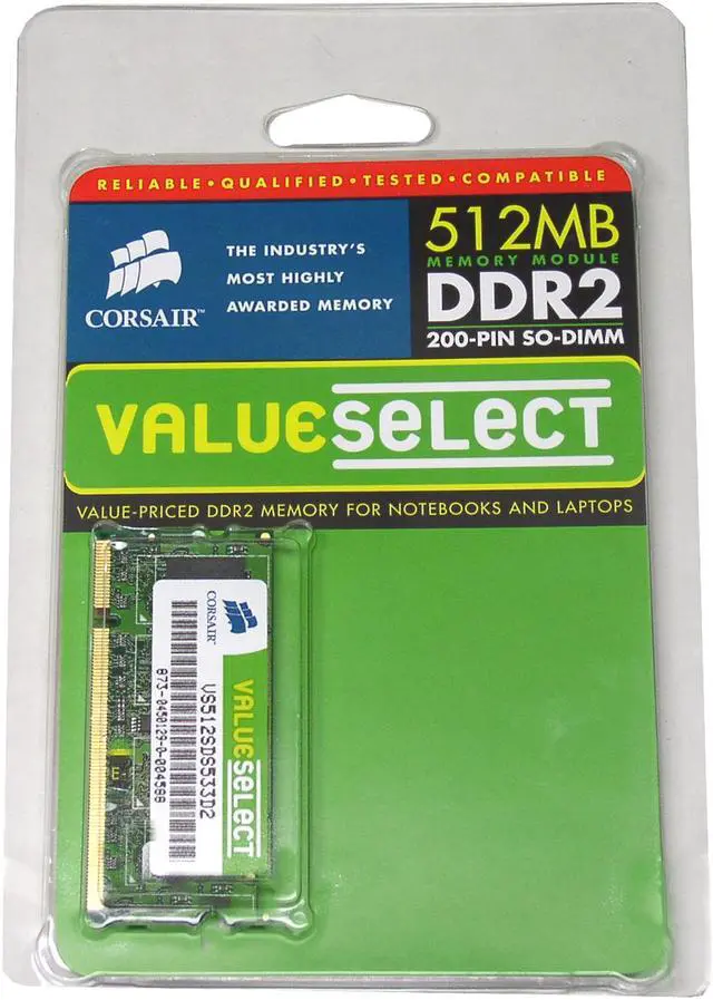 Alt view image 2 of 3 - CORSAIR ValueSelect 512MB 200-Pin DDR2 SO-DIMM DDR2 533 (PC2 4200) Laptop Memory Model VS512SDS533D2