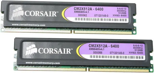 Main image of CORSAIR XMS2 1GB (2 x 512MB) DDR2 800 (PC2 6400) Dual Channel Kit Desktop Memory Model TWIN2X1024A-6400