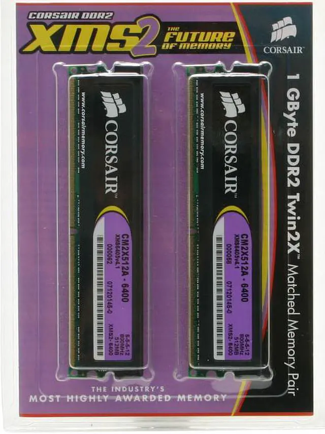 Alt view image 2 of 2 - CORSAIR XMS2 1GB (2 x 512MB) DDR2 800 (PC2 6400) Dual Channel Kit Desktop Memory Model TWIN2X1024A-6400
