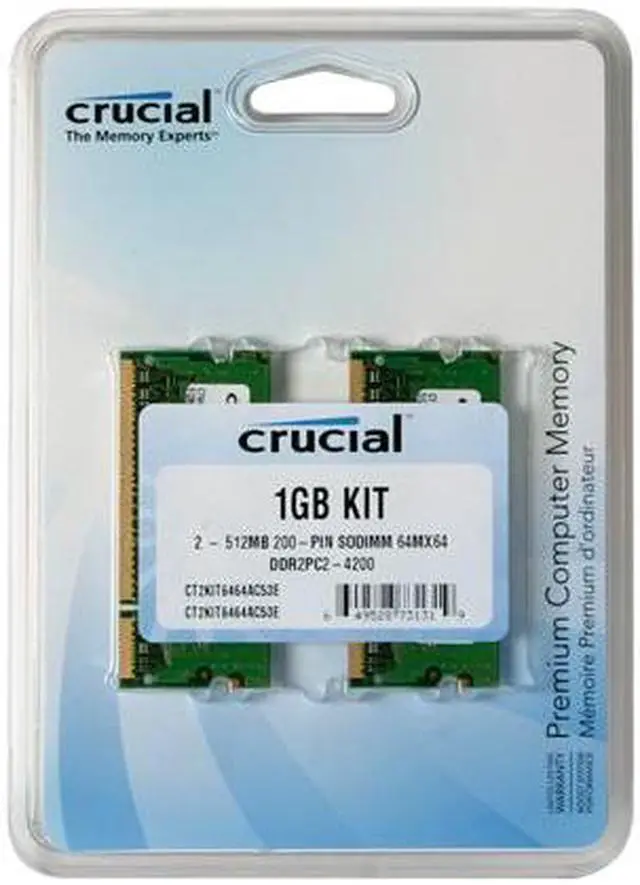 Alt view image 2 of 2 - Crucial 1GB (2 x 512MB) 200-Pin DDR2 SO-DIMM DDR2 533 (PC2 4200) Dual Channel Kit Laptop Memory Model CT2KIT6464AC53E