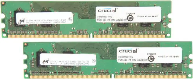 Main image of Crucial 1GB (2 x 512MB) DDR2 667 (PC2 5300) Dual Channel Kit Desktop Memory Model CT2KIT6464AA667