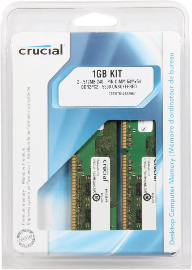 Alt view image 3 of 3 - Crucial 1GB (2 x 512MB) DDR2 667 (PC2 5300) Dual Channel Kit Desktop Memory Model CT2KIT6464AA667