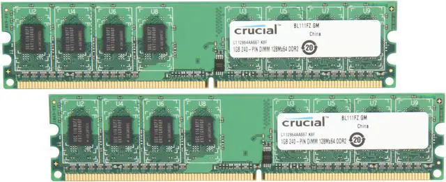 Main image of Crucial 2GB (2 x 1GB) DDR2 667 (PC2 5300) Dual Channel Kit Desktop Memory Model CT2KIT12864AA667