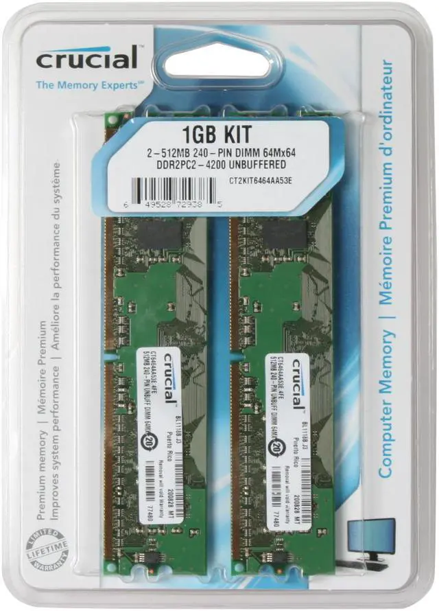 Main image of Crucial 1GB (2 x 512MB) DDR2 533 (PC2 4200) Dual Channel Kit Desktop Memory Model CT2KIT6464AA53E - OEM