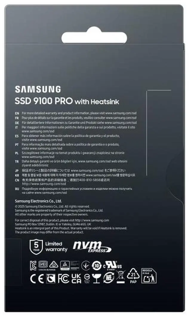Alt view image 5 of 10 - SAMSUNG SSD 9100 PRO with Heatsink 4TB, PCIe 5.0x4 M.2 2280, Seq. Read Speeds Up to 14,800/13,400 MB/s, Best for AI Computing, Gaming, and Heavy Duty Workstations (MZ-VAP4T0CW)