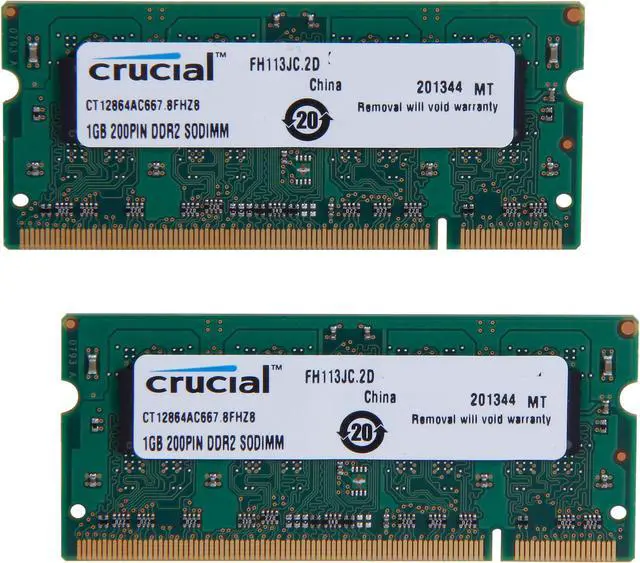 Main image of Crucial 2GB (2 x 1GB) 200-Pin DDR2 SO-DIMM DDR2 667 (PC2 5300) Dual Channel Kit Laptop Memory Model CT2KIT12864AC667