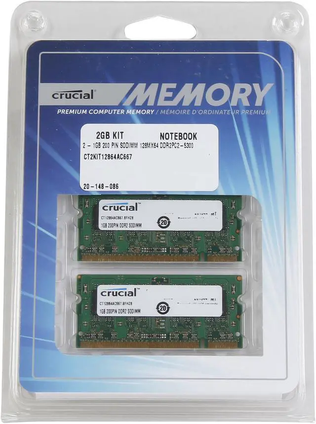 Alt view image 3 of 3 - Crucial 2GB (2 x 1GB) 200-Pin DDR2 SO-DIMM DDR2 667 (PC2 5300) Dual Channel Kit Laptop Memory Model CT2KIT12864AC667