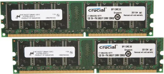 Main image of Crucial 2GB (2 x 1GB) DDR 333 (PC 2700) Dual Channel Kit Desktop Memory Model CT2KIT12864Z335