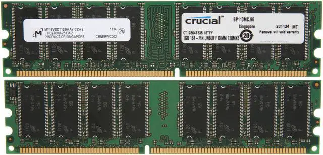 Alt view image 2 of 3 - Crucial 2GB (2 x 1GB) DDR 333 (PC 2700) Dual Channel Kit Desktop Memory Model CT2KIT12864Z335