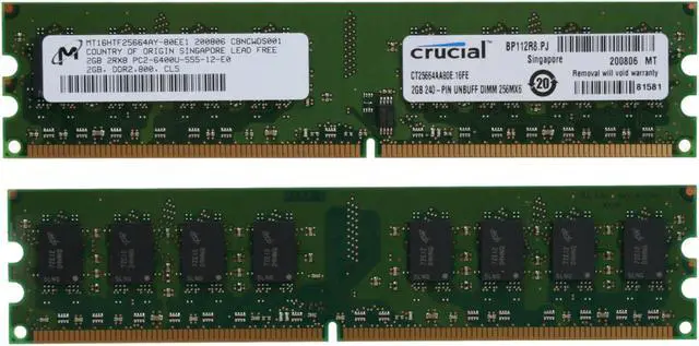 Alt view image 2 of 2 - Crucial 4GB (2 x 2GB) DDR2 800 (PC2 6400) Dual Channel Kit Desktop Memory Model CT2KIT25664AA80E