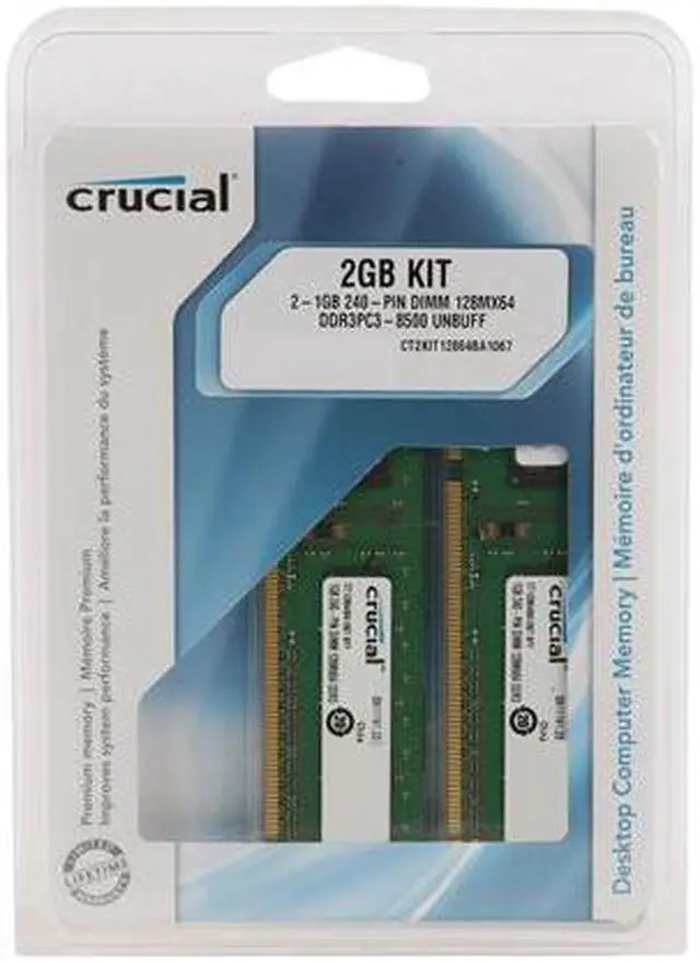 Alt view image 3 of 3 - Crucial 2GB (2 x 1GB) DDR3 1066 (PC3 8500) Dual Channel Kit Desktop Memory Model CT2KIT12864BA1067