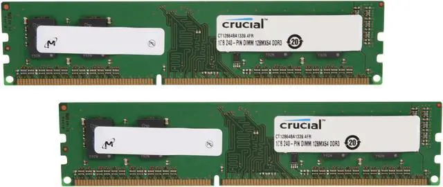 Main image of Crucial 2GB (2 x 1GB) DDR3 1333 (PC3 10600) Dual Channel Kit Desktop Memory Model CT2KIT12864BA1339