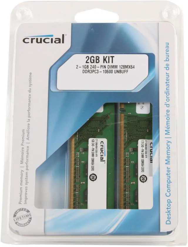 Alt view image 3 of 3 - Crucial 2GB (2 x 1GB) DDR3 1333 (PC3 10600) Dual Channel Kit Desktop Memory Model CT2KIT12864BA1339