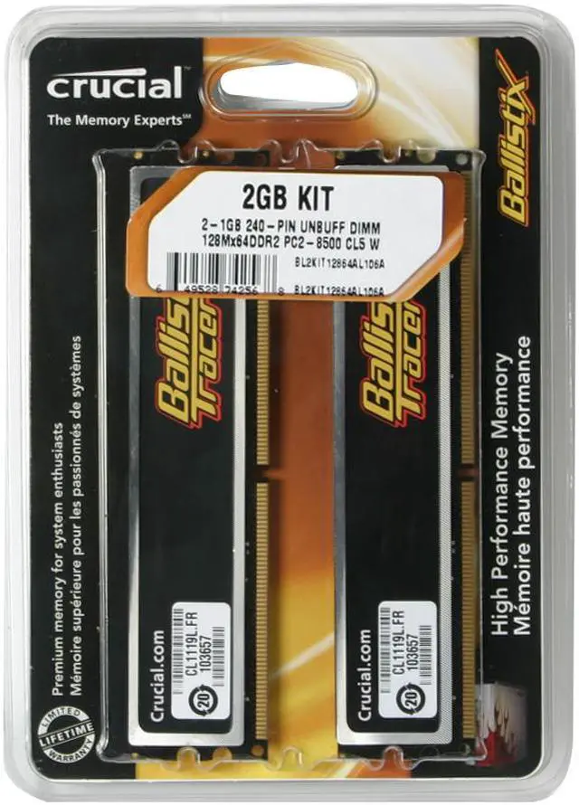 Main image of Crucial Ballistix Tracer 2GB (2 x 1GB) DDR2 1066 (PC2 8500) Dual Channel Kit Desktop Memory w/ Red & Green LEDs Model BL2KIT12864AL106A