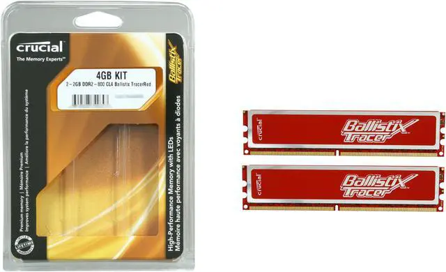 Alt view image 3 of 3 - Crucial Ballistix Tracer 4GB (2 x 2GB) DDR2 800 (PC2 6400) Dual Channel Kit Desktop Memory w/ Red LEDs Model BL2KIT25664AR80A