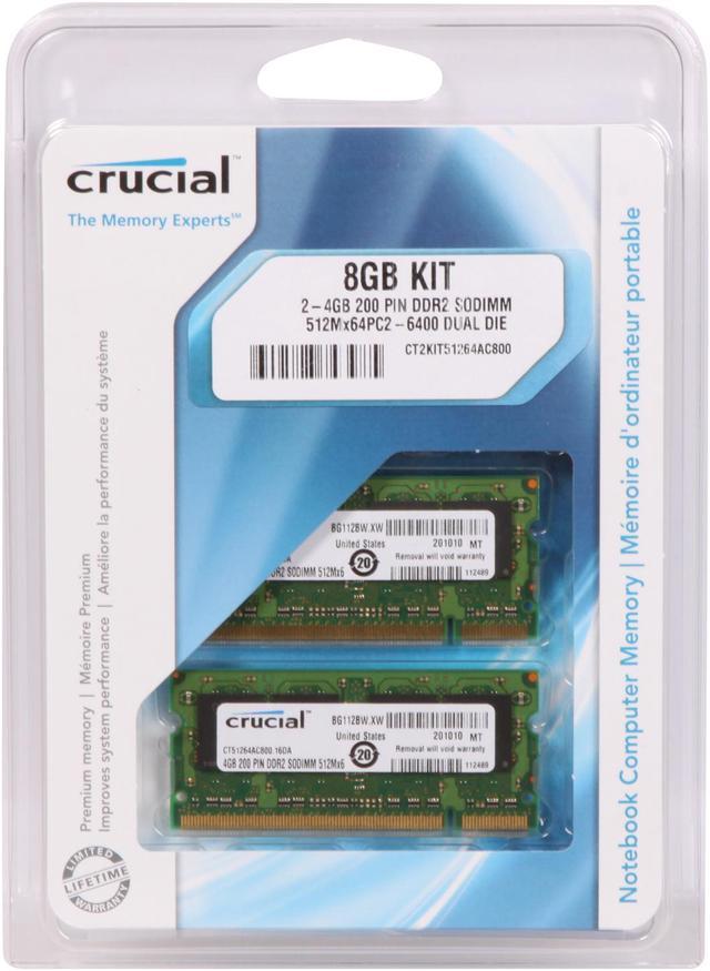 Crucial 8GB (2 x 4GB) 200-Pin DDR2 SO-DIMM DDR2 800 (PC2 6400) Dual Channel  Kit Laptop Memory Model CT2KIT51264AC800