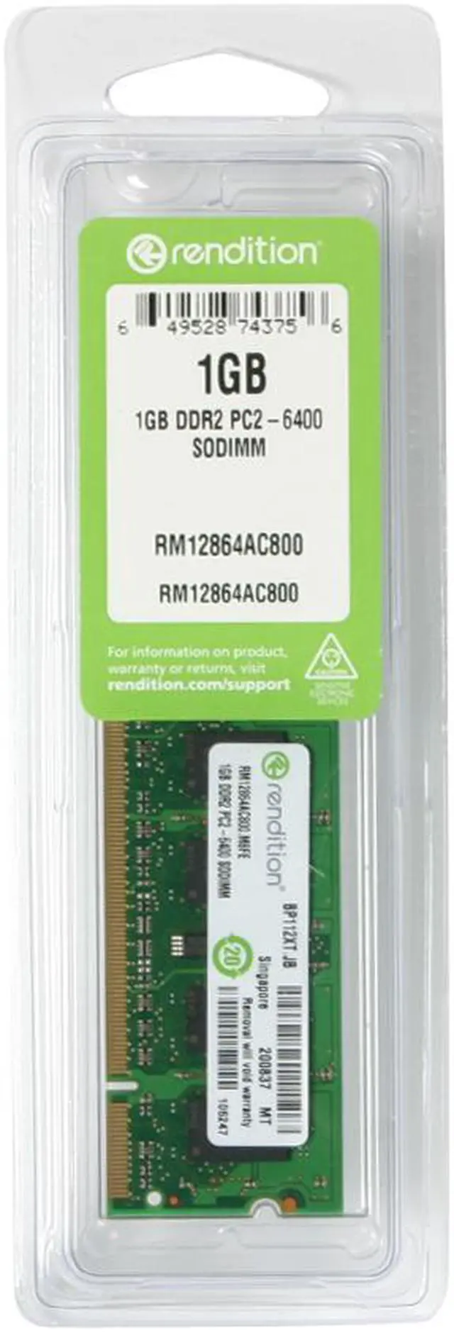 Main image of Rendition by Crucial 1GB 200-Pin DDR2 SO-DIMM DDR2 800 (PC2 6400) Laptop Memory Model RM12864AC800