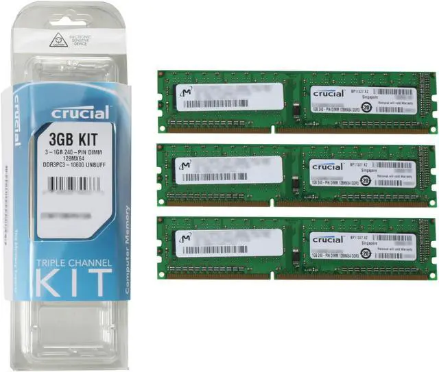 Alt view image 3 of 3 - Crucial 3GB (3 x 1GB) DDR3 1333 (PC3 10600) Triple Channel Kit Desktop Memory Model CT3KIT12864BA1339
