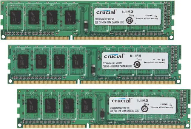 Main image of Crucial 6GB (3 x 2GB) DDR3 1066 (PC3 8500) Triple Channel Kit Desktop Memory Model CT3KIT25664BA1067