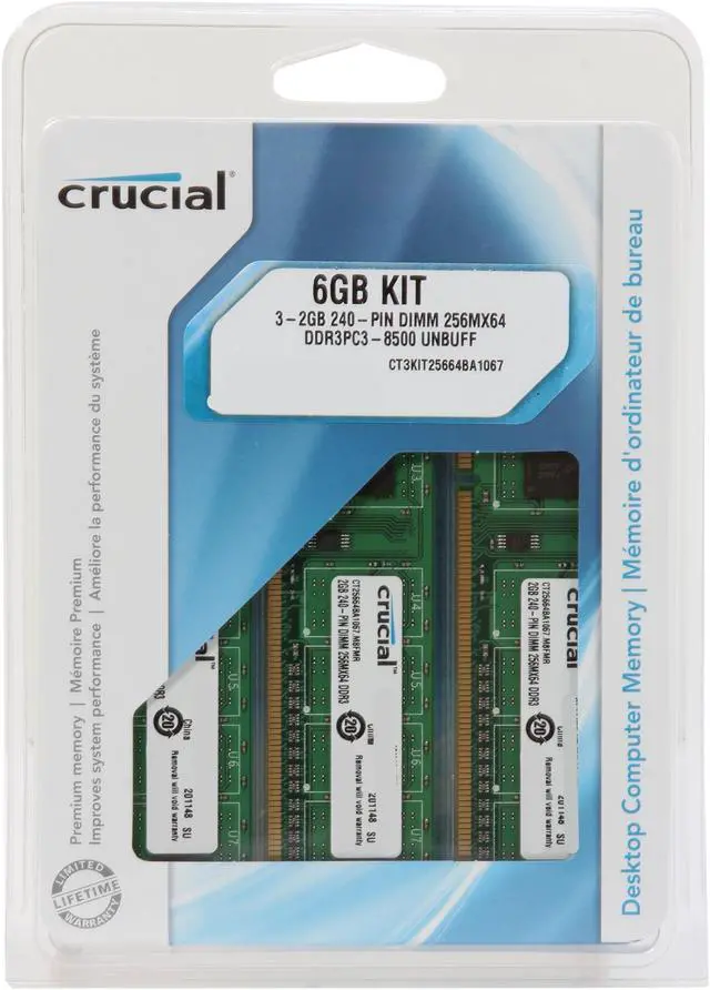 Alt view image 3 of 3 - Crucial 6GB (3 x 2GB) DDR3 1066 (PC3 8500) Triple Channel Kit Desktop Memory Model CT3KIT25664BA1067