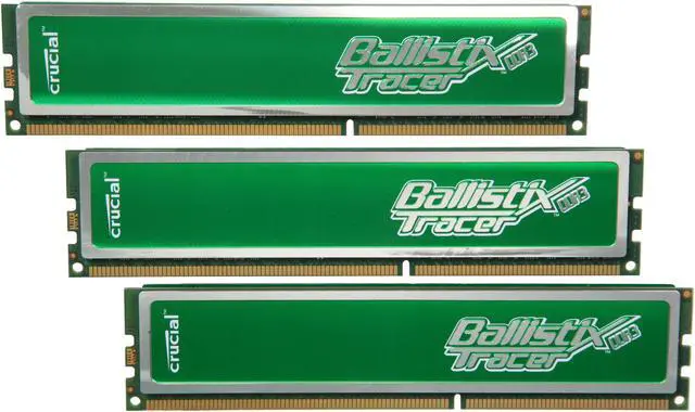 Main image of Crucial Ballistix Tracer 6GB (3 x 2GB) DDR3 1600 (PC3 12800) Triple Channel Kit Desktop Memory w/ Green LEDs Model BL3KIT25664TG1608 - OEM