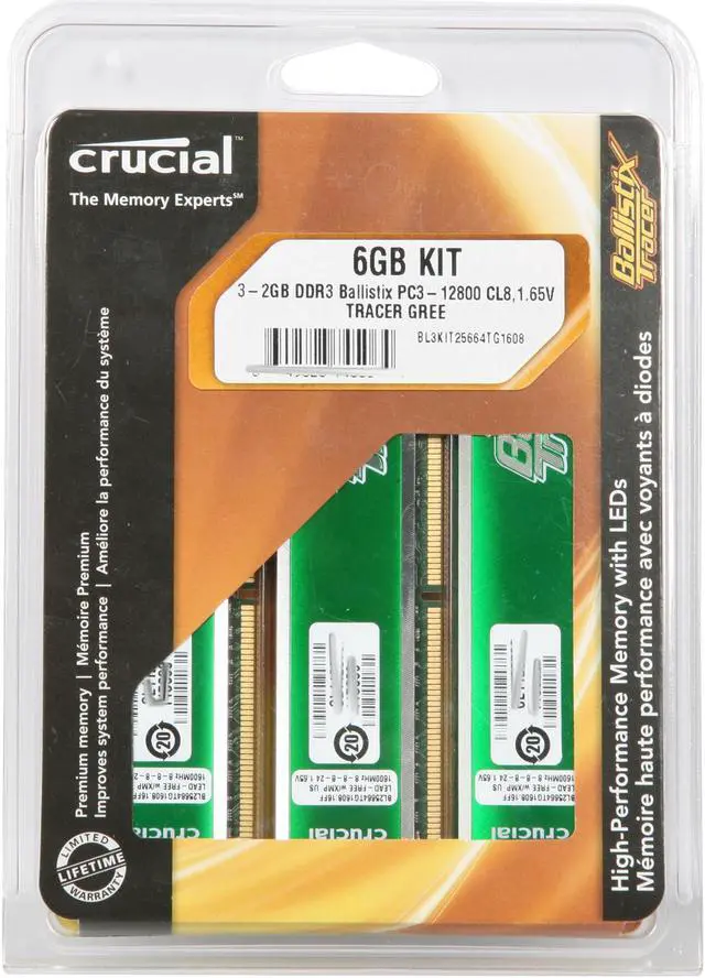 Alt view image 3 of 3 - Crucial Ballistix Tracer 6GB (3 x 2GB) DDR3 1600 (PC3 12800) Triple Channel Kit Desktop Memory w/ Green LEDs Model BL3KIT25664TG1608 - OEM