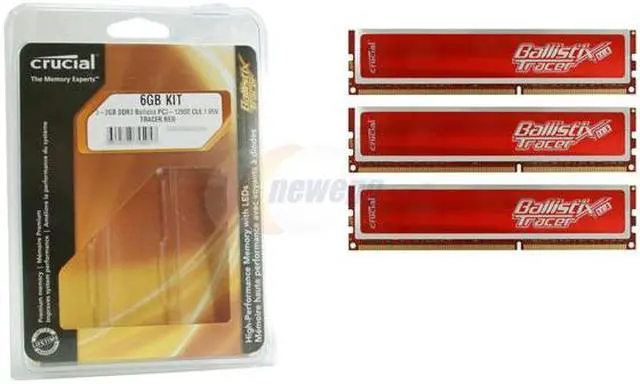 Alt view image 3 of 4 - Crucial Ballistix Tracer 6GB (3 x 2GB) DDR3 1600 (PC3 12800) Desktop Memory w/ Red LEDs Model BL3KIT25664TR1608