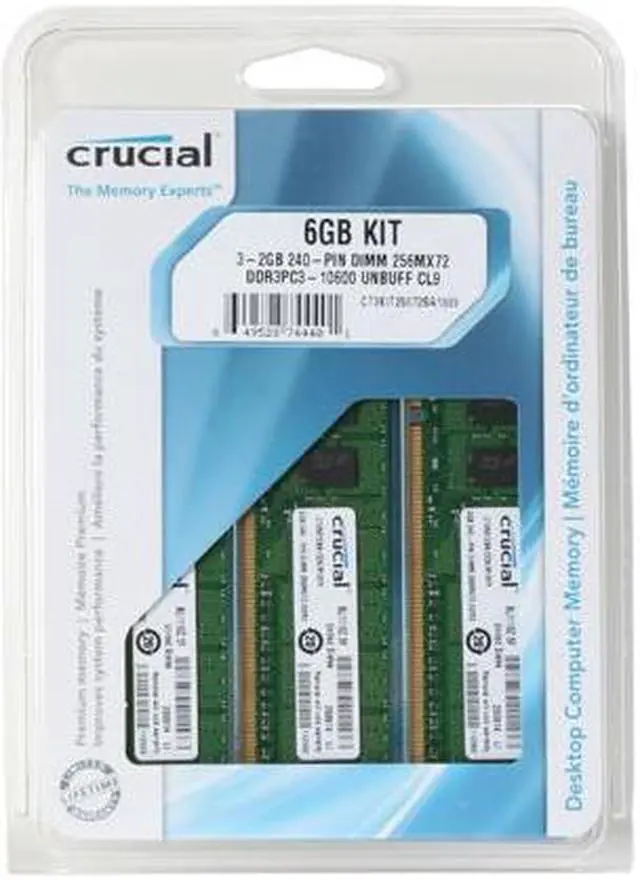 Alt view image 3 of 3 - Crucial 6GB (3 x 2GB) ECC Unbuffered DDR3 1333 (PC3 10600) Triple Channel Kit Server Memory Model CT3KIT25672BA1339