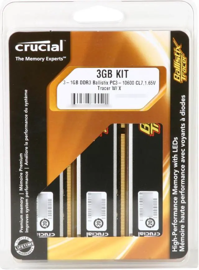 Alt view image 3 of 3 - Crucial Ballistix Tracer 3GB (3 x 1GB) DDR3 1333 (PC3 10600) Desktop Memory w/ Red & Green LEDs Model BL3KIT12864TN1337