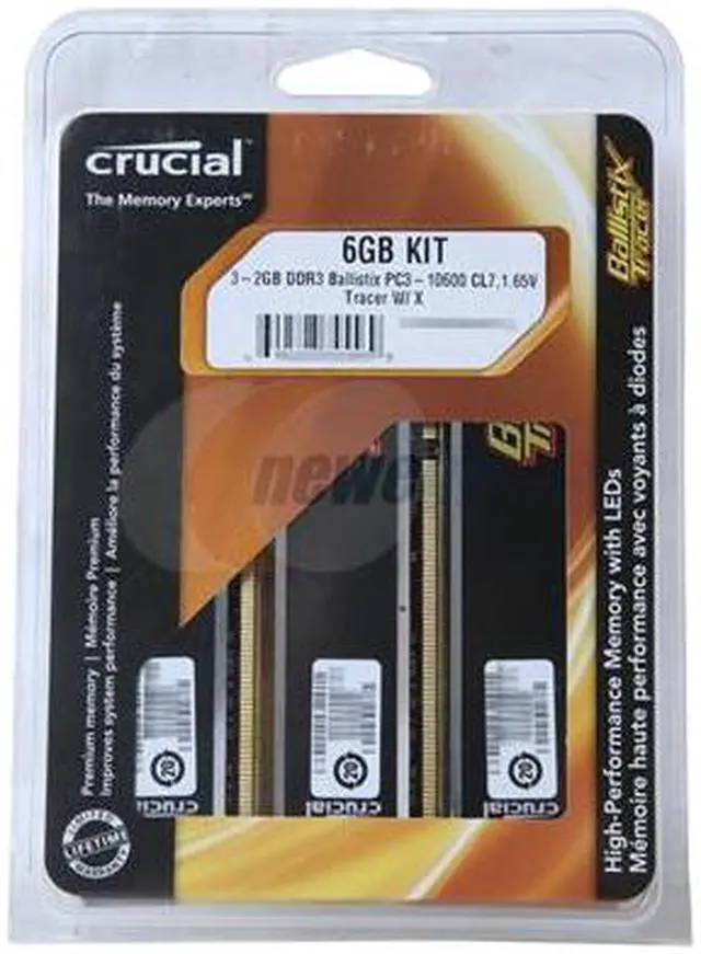 Alt view image 2 of 3 - Crucial Ballistix Tracer 6GB (3 x 2GB) DDR3 1333 (PC3 10600) Desktop Memory w/ Red & Green LEDs Model BL3KIT25664TN1337