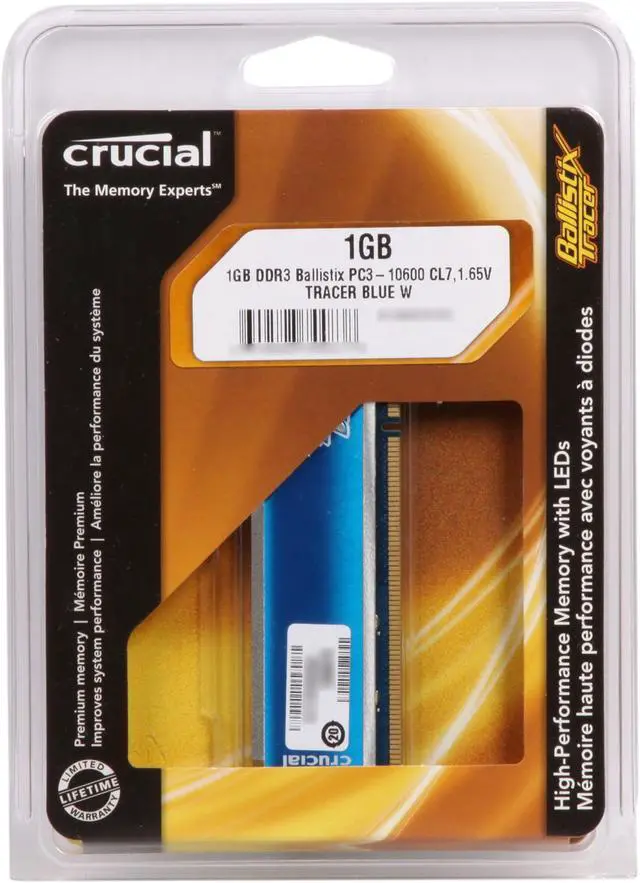 Alt view image 4 of 4 - Crucial Ballistix Tracer 1GB DDR3 1333 (PC3 10600) Desktop Memory w/ Blue LEDs Model BL12864TB1337