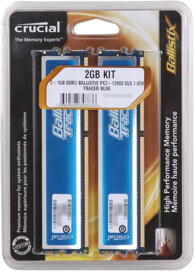 Alt view image 3 of 3 - Crucial Ballistix Tracer 2GB (2 x 1GB) DDR3 1600 (PC3 12800) Desktop Memory w/ Blue LEDs Model BL2KIT12864TB1608