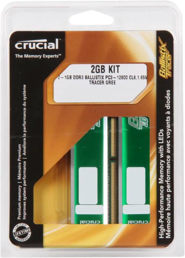 Alt view image 3 of 3 - Crucial Ballistix Tracer 2GB (2 x 1GB) DDR3 1600 (PC3 12800) Desktop Memory w/ Green LEDs Model BL2KIT12864TG1608