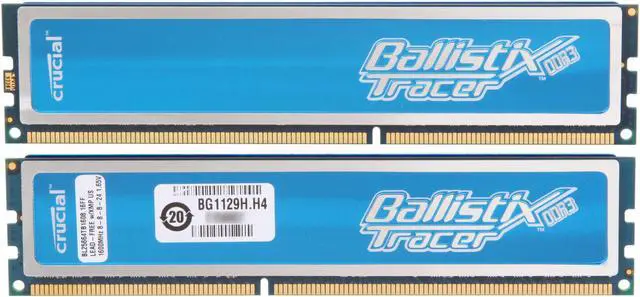 Alt view image 2 of 4 - Crucial Ballistix Tracer 4GB (2 x 2GB) DDR3 1600 (PC3 12800) Desktop Memory w/ Blue LEDs Model BL2KIT25664TB1608