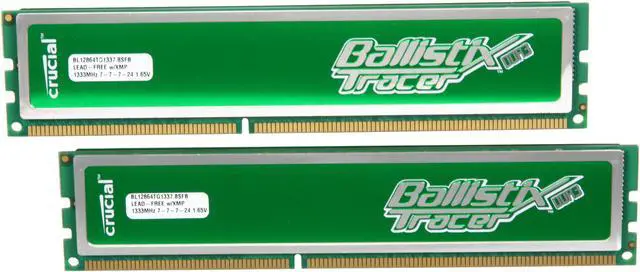 Main image of Crucial Ballistix Tracer 2GB (2 x 1GB) DDR3 1333 (PC3 10600) Desktop Memory w/ Green LEDs Model BL2KIT12864TG1337
