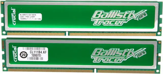 Alt view image 2 of 3 - Crucial Ballistix Tracer 2GB (2 x 1GB) DDR3 1333 (PC3 10600) Desktop Memory w/ Green LEDs Model BL2KIT12864TG1337