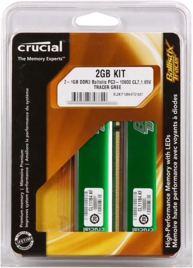 Alt view image 3 of 3 - Crucial Ballistix Tracer 2GB (2 x 1GB) DDR3 1333 (PC3 10600) Desktop Memory w/ Green LEDs Model BL2KIT12864TG1337