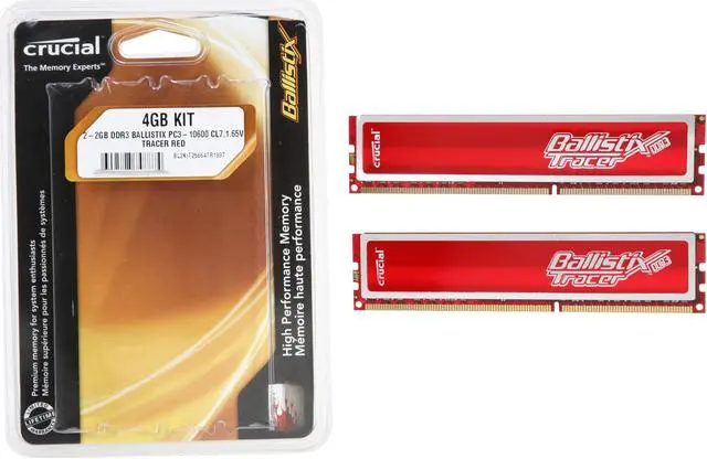 Alt view image 4 of 4 - Crucial Ballistix Tracer 4GB (2 x 2GB) DDR3 1333 (PC3 10600) Desktop Memory w/ Red LEDs Model BL2KIT25664TR1337