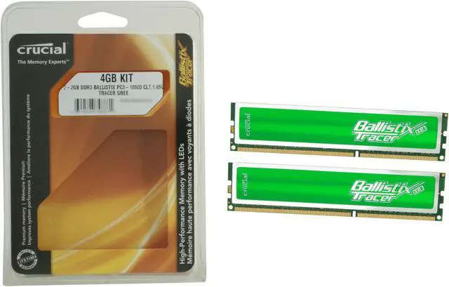 Alt view image 4 of 4 - Crucial Ballistix Tracer 4GB (2 x 2GB) DDR3 1333 (PC3 10600) Desktop Memory w/ Green LEDs Model BL2KIT25664TG1337