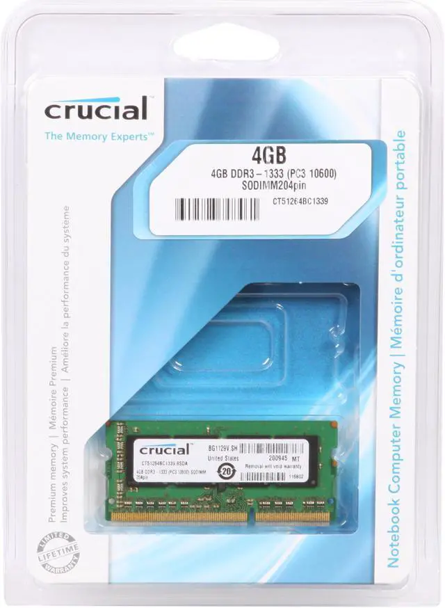 Alt view image 3 of 3 - Crucial 4GB 204-Pin DDR3 SO-DIMM DDR3 1333 (PC3 10600) Laptop Memory Model CT51264BC1339