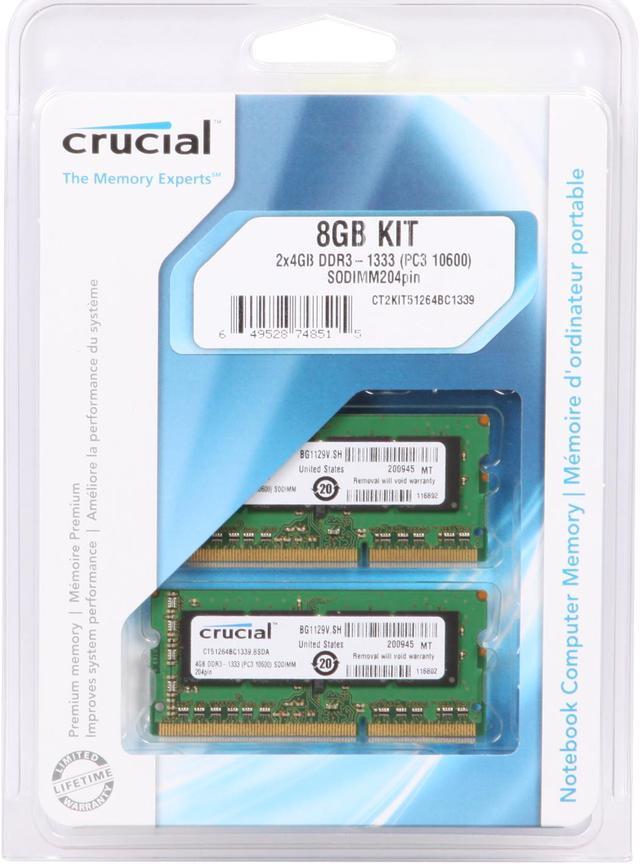 Alt view image 3 of 3 - Crucial 8GB (2 x 4GB) 204-Pin DDR3 SO-DIMM DDR3 1333 (PC3 10600) Laptop Memory Model CT2KIT51264BC1339