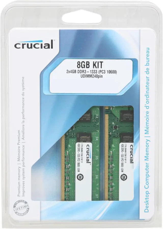 Alt view image 3 of 3 - Crucial 8GB (2 x 4GB) DDR3 1333 (PC3 10600) Desktop Memory Model CT2KIT51264BA1339