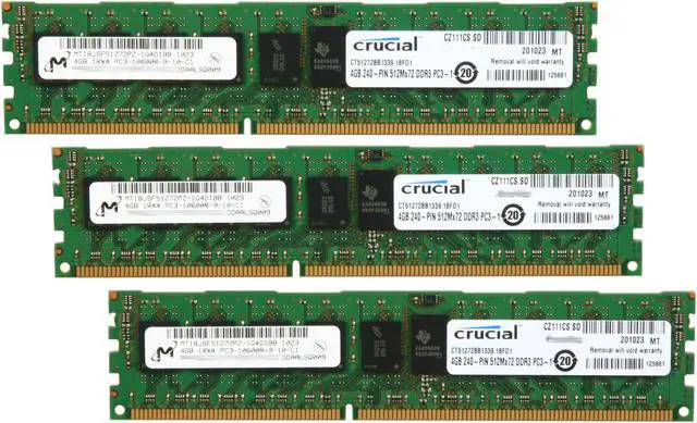 Main image of Crucial 12GB (3 x 4GB) ECC Registered DDR3 1333 (PC3 10600) Server Memory Model CT3KIT51272BB1339