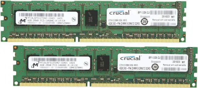 Main image of Crucial 8GB (2 x 4GB) ECC Unbuffered DDR3 1333 (PC3 10600) Server Memory Model CT2KIT51272BA1339