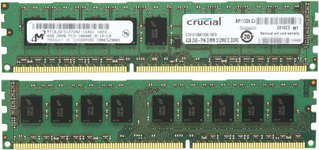 Alt view image 2 of 3 - Crucial 8GB (2 x 4GB) ECC Unbuffered DDR3 1333 (PC3 10600) Server Memory Model CT2KIT51272BA1339