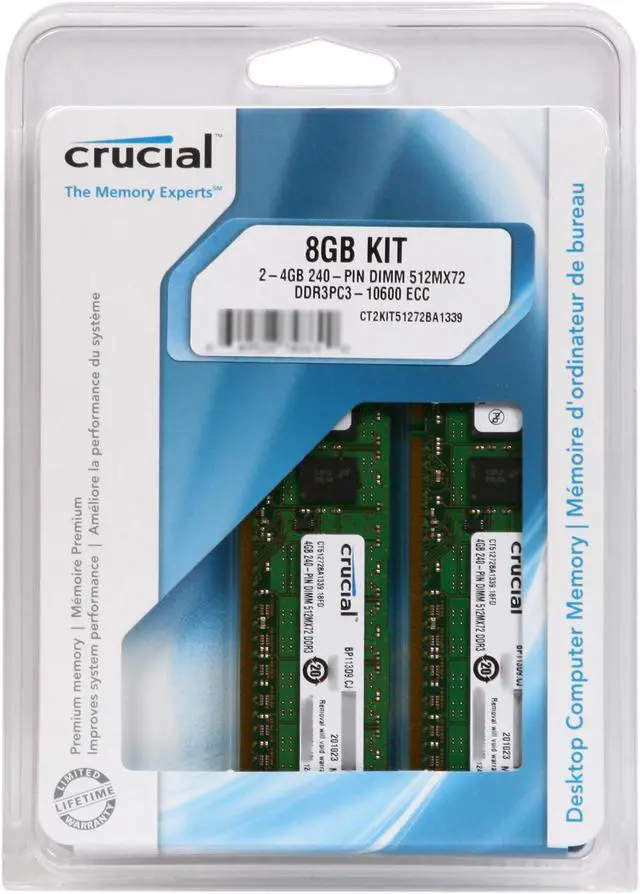 Alt view image 3 of 3 - Crucial 8GB (2 x 4GB) ECC Unbuffered DDR3 1333 (PC3 10600) Server Memory Model CT2KIT51272BA1339