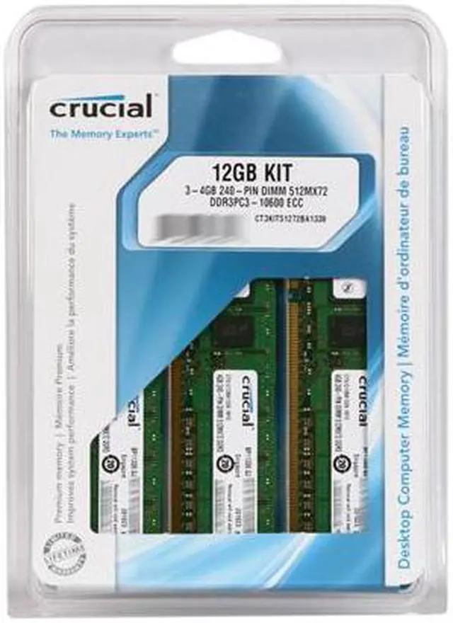 Alt view image 3 of 3 - Crucial 12GB (3 x 4GB) ECC Unbuffered DDR3 1333 (PC3 10600) Server Memory Model CT3KIT51272BA1339